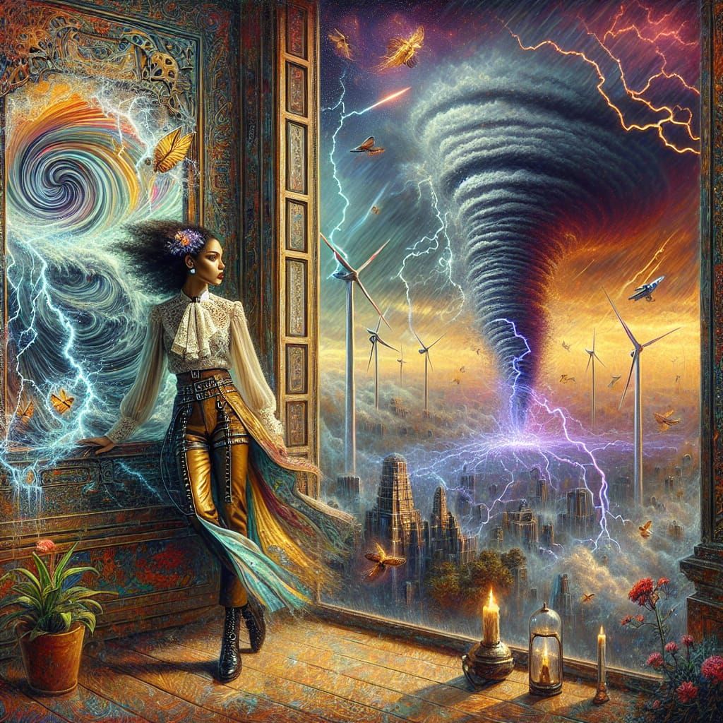 Eerie Retrofuturistic Storm: Woman and Lightning Tornado