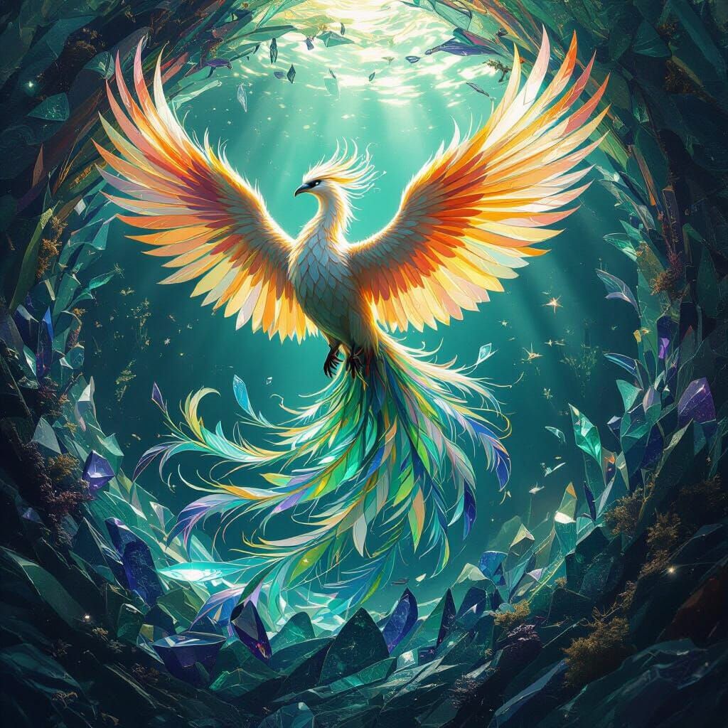 Majestic Phoenix Rises From Sea Glass Vortex
