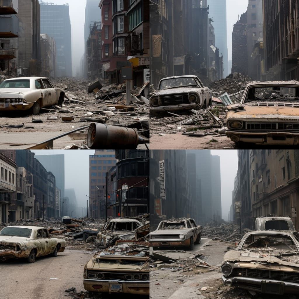 Post-Apocalyptic Cityscape: Gloomy Ruins in Long Shot