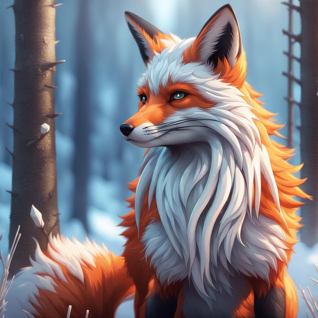 Icy Nine-Tailed Fox Portrait in Snowy Forest