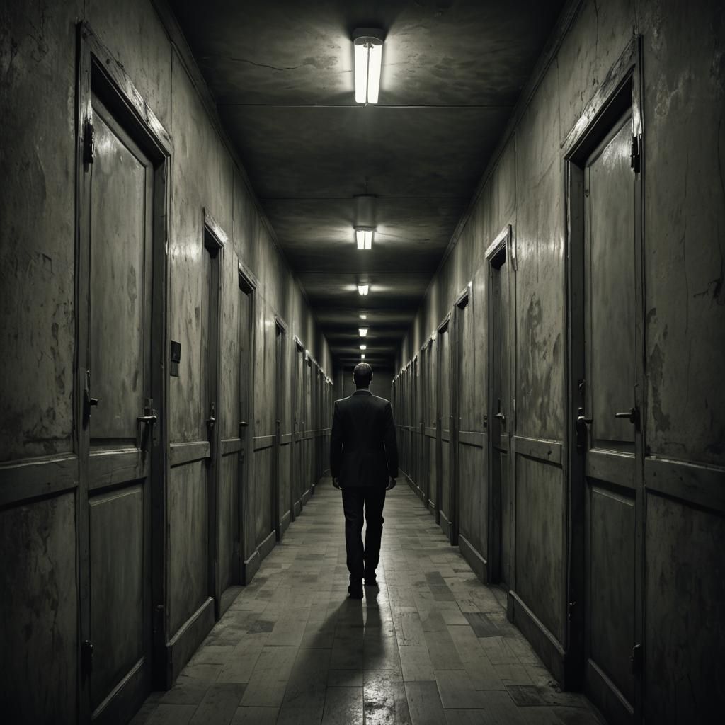 Nightmarish Dream Man in Endless Surreal Corridor