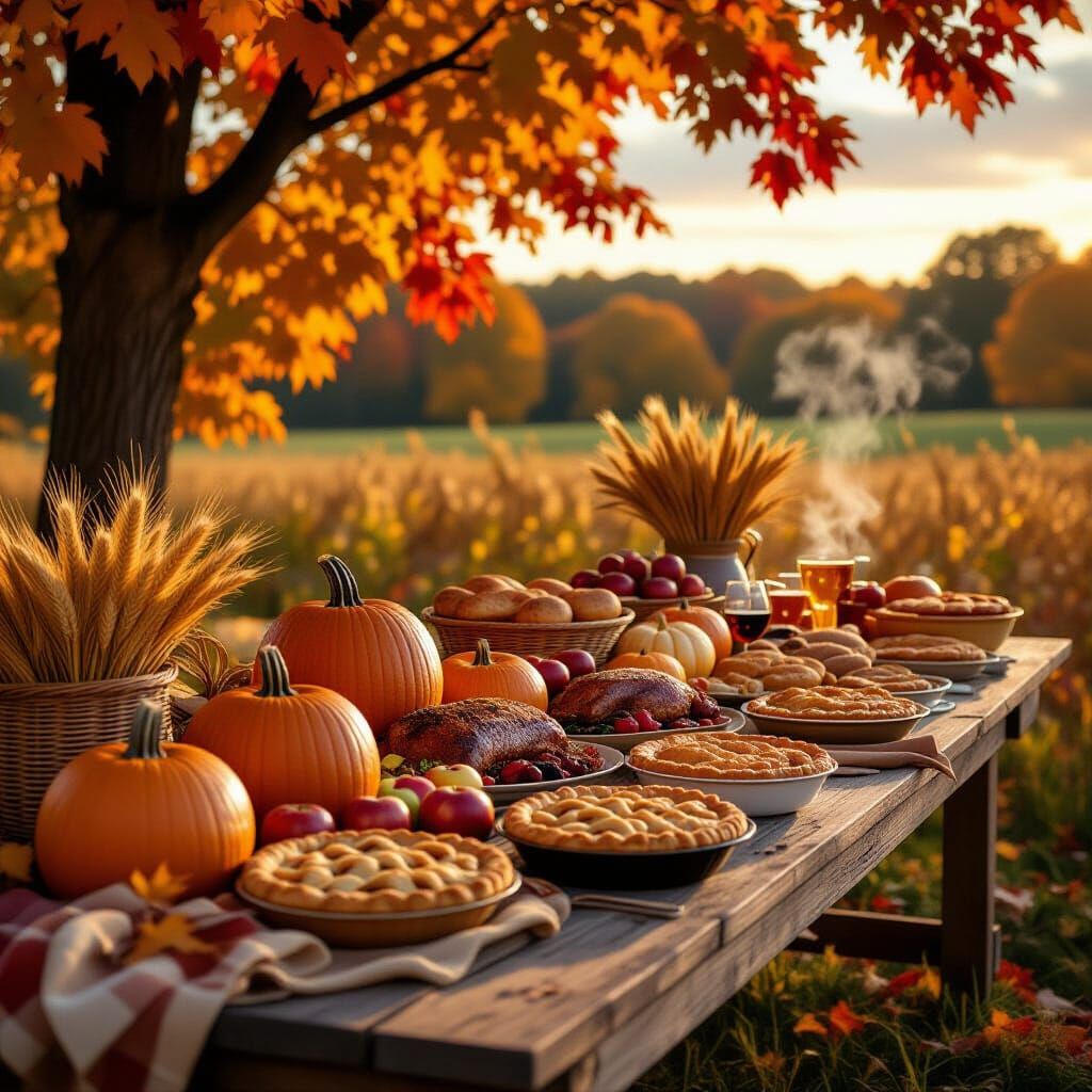 Autumn Harvest Feast Table With Pumpkins and Apples