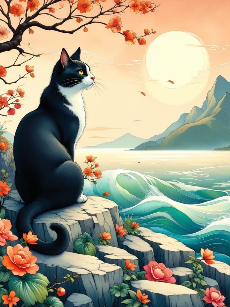 Black and White Cat in Art Nouveau Japanese Landscape