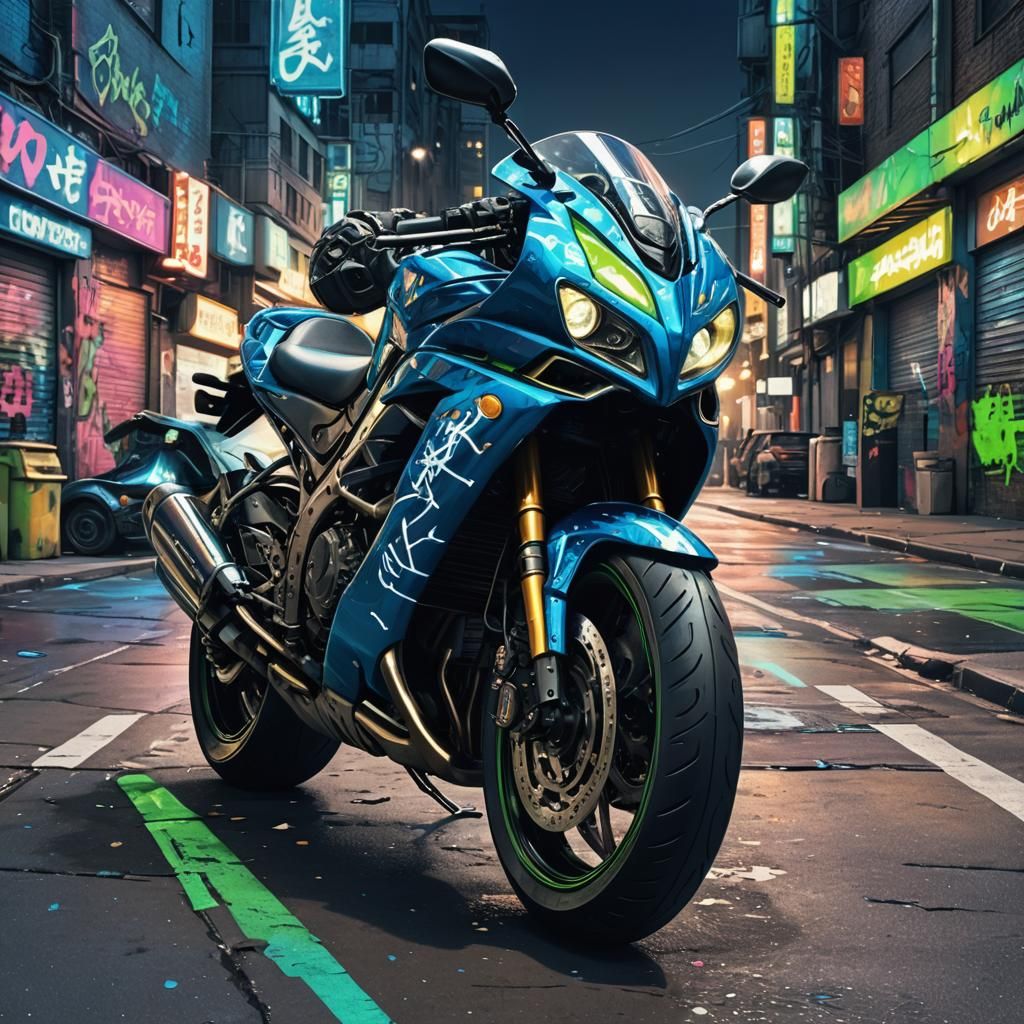 Cyberpunk Hayabusa Motorcycle Close-Up in Electric Blue