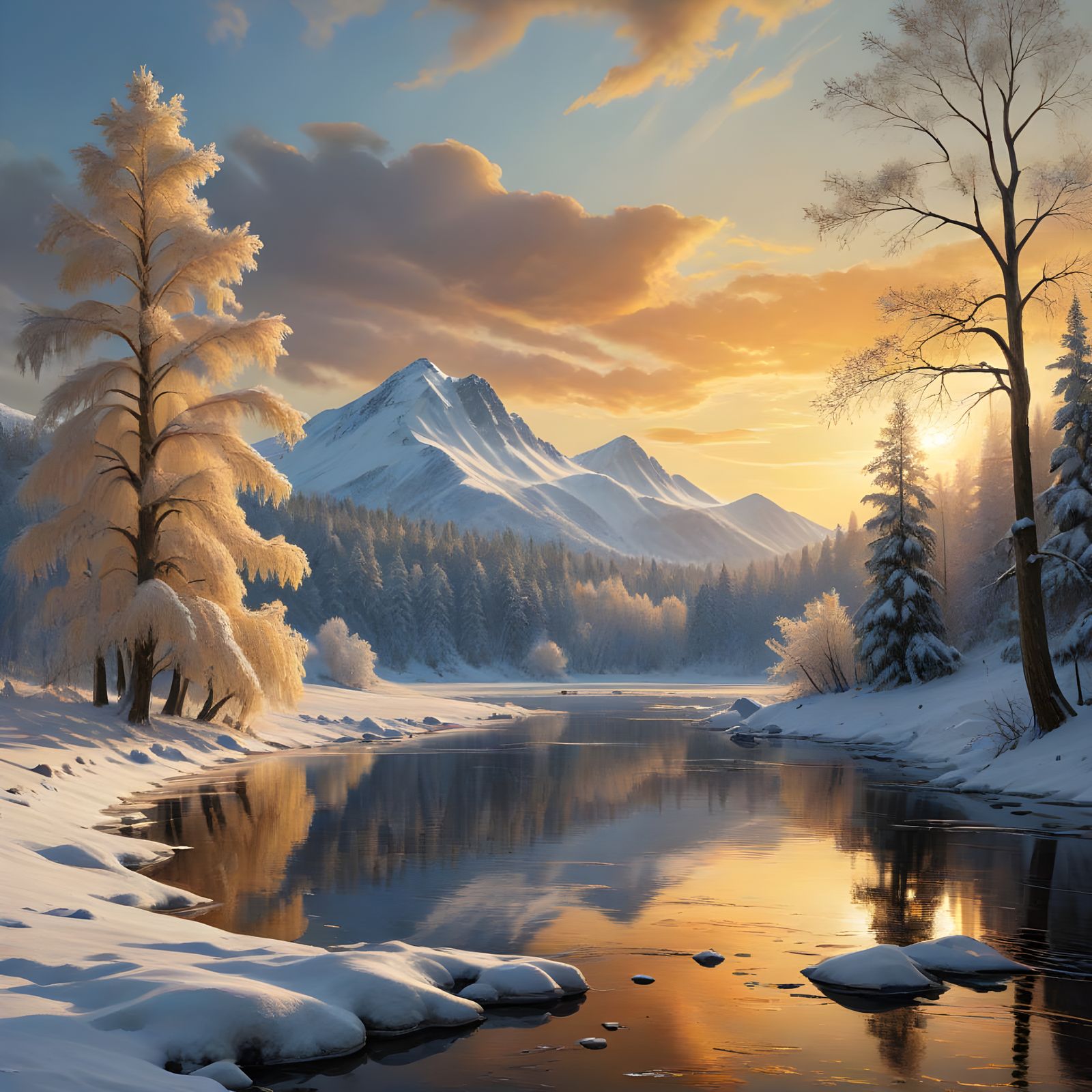 Winter Sunset Landscape in Realistic Impressionist Style