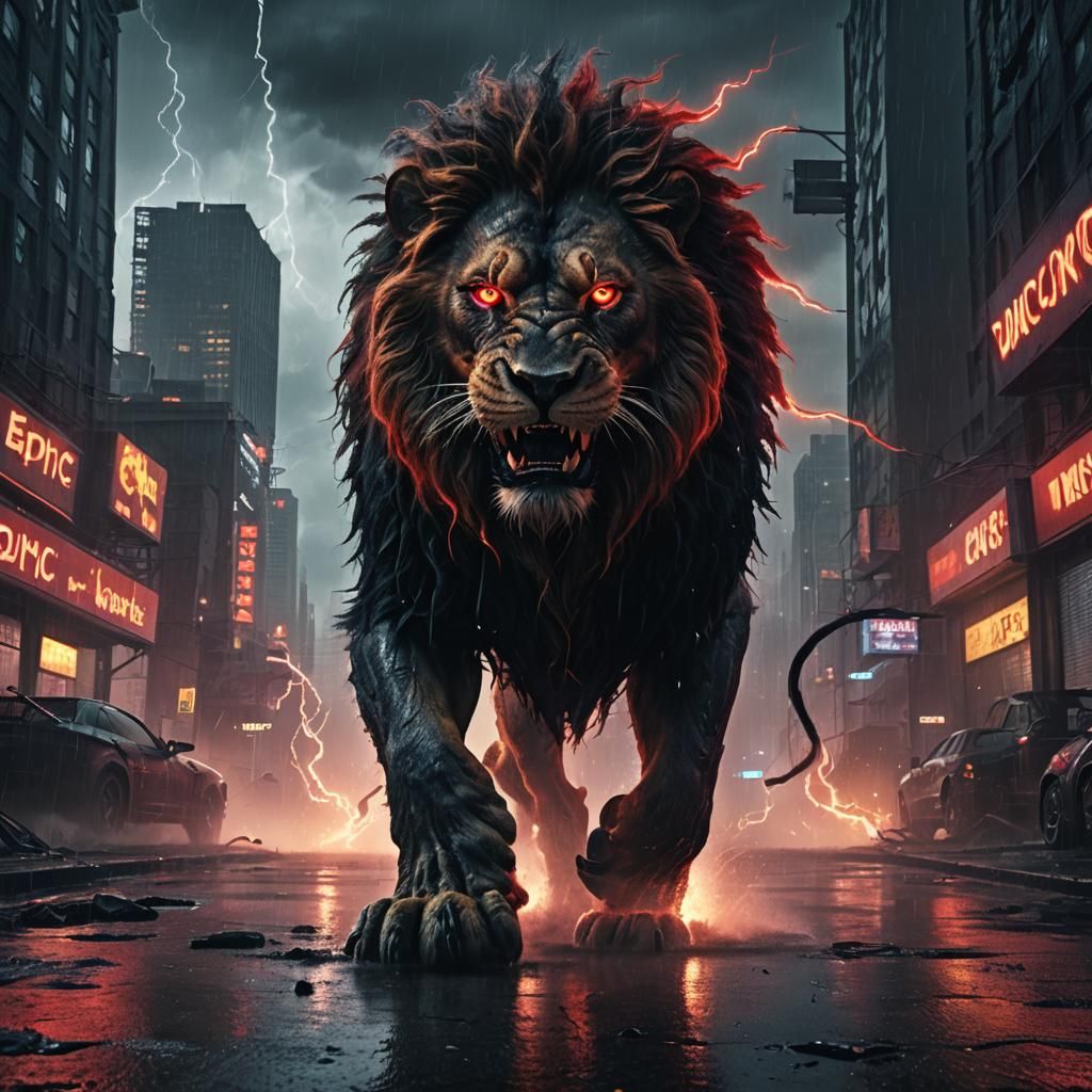 Futuristic Lion Roars in Stormy Cityscape