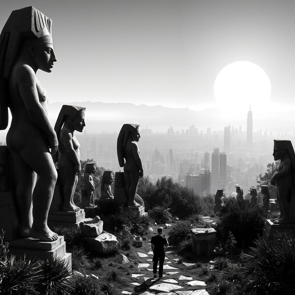 Ethereal Cyberpunk Dreamscape with Brutalist Statues and Dej...