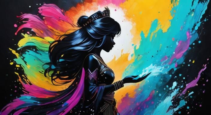 Queen Silhouette by Waterfall in Water Ink Style