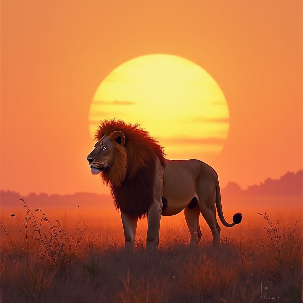 Lion Shadow on Savannah at Sunset, Digital Art
