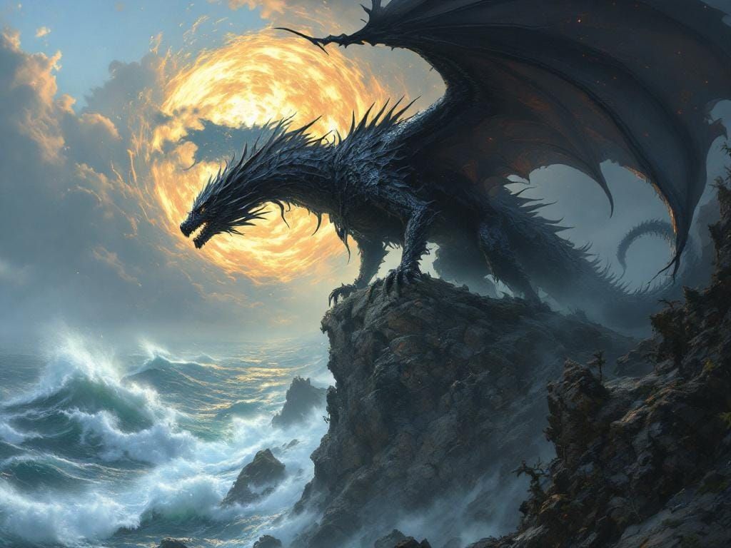 Majestic Black Dragon Summons Storm in Art Nouveau Style