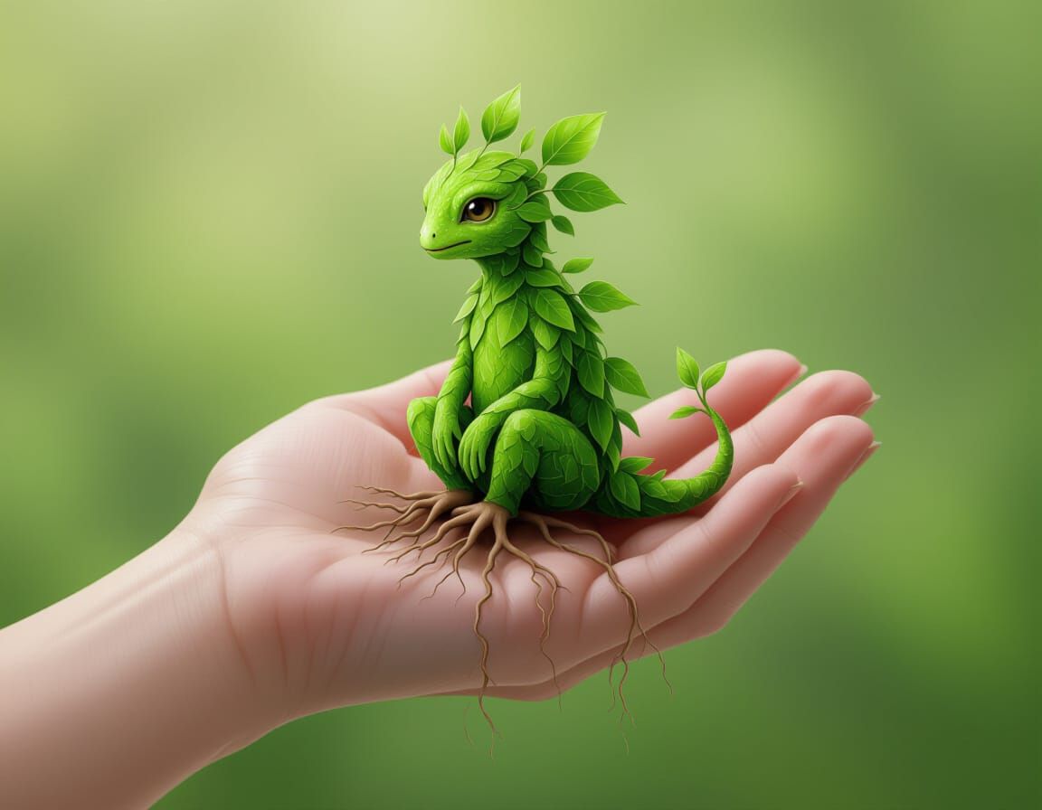 Surreal Creature of Leaves and Roots on Hand