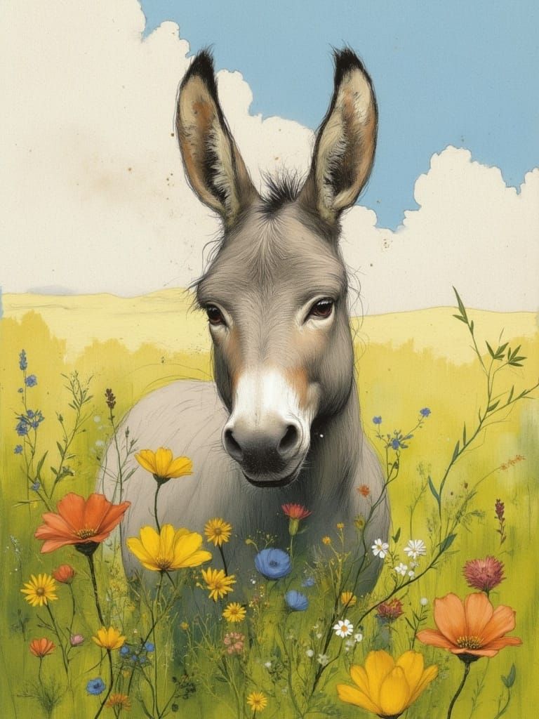 Linework Donkey in a Peaceful Rural Landscape