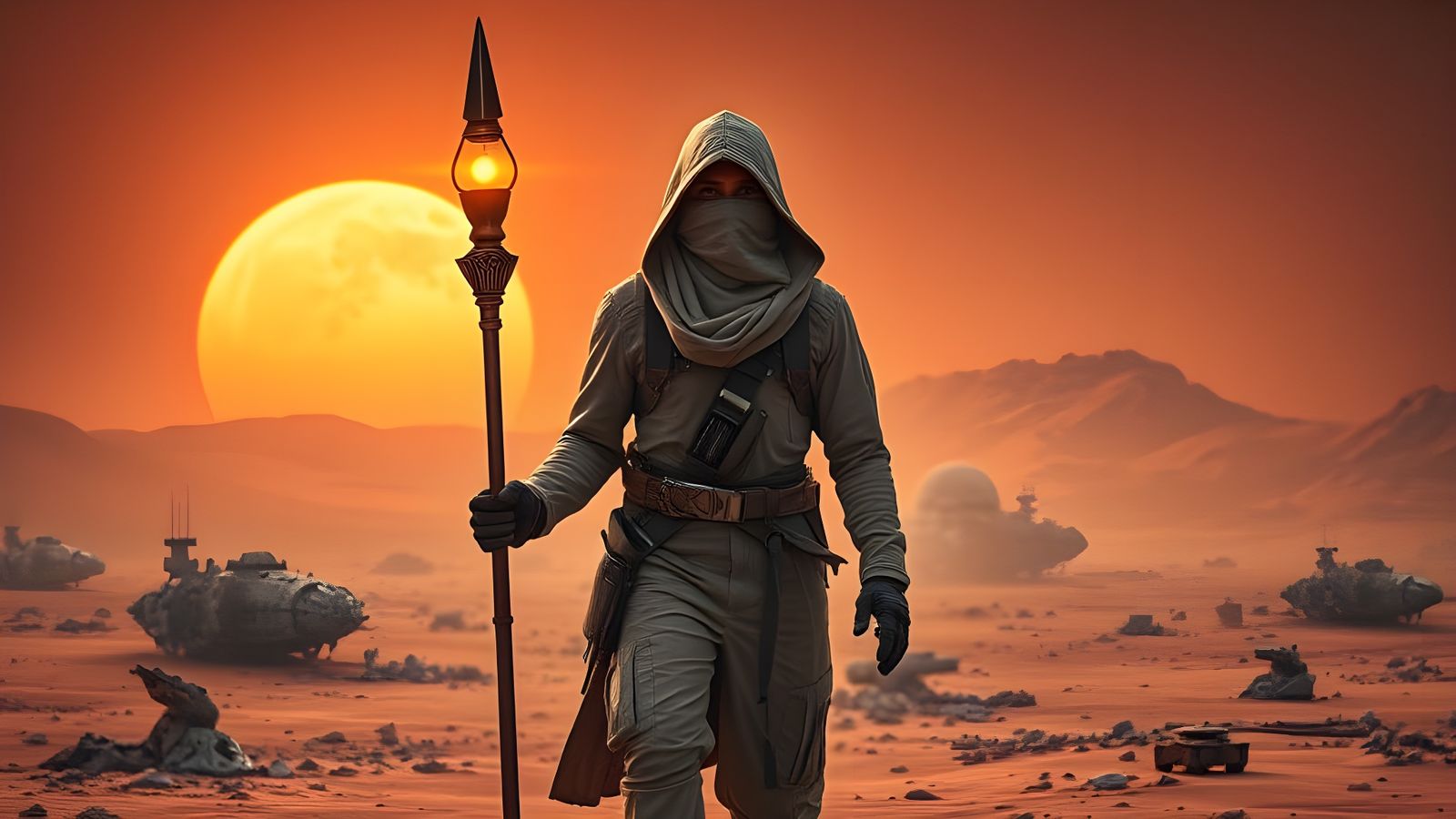 Mysterious Desert Explorer in Futuristic Ruins