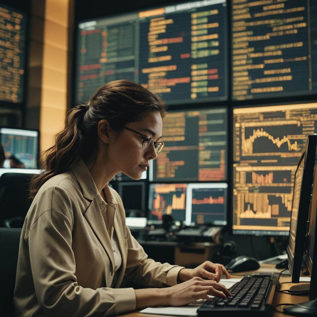 Woman Studies Stocks Portfolio in Cinematic Trading Floor