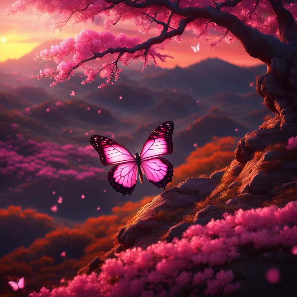 Sakura Butterfly in Chinese Landscape at Sunset