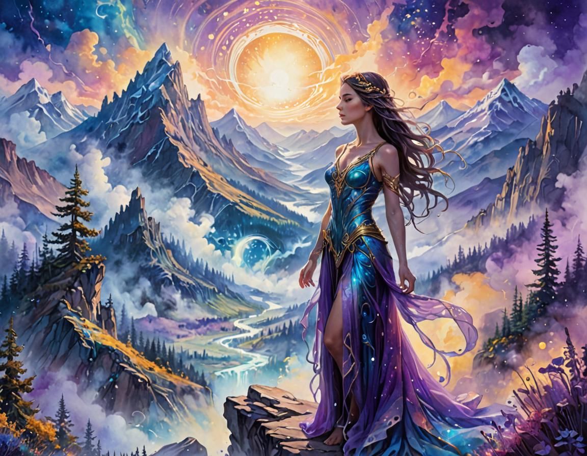 Enchantress in Ethereal Landscape with Ink and Watercolor