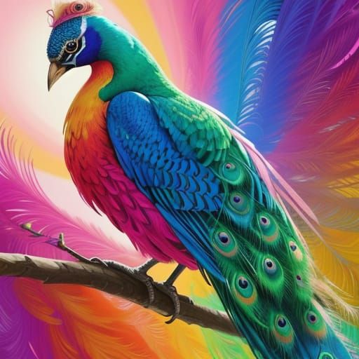 Vibrant Peacock Under Multicolored Sky