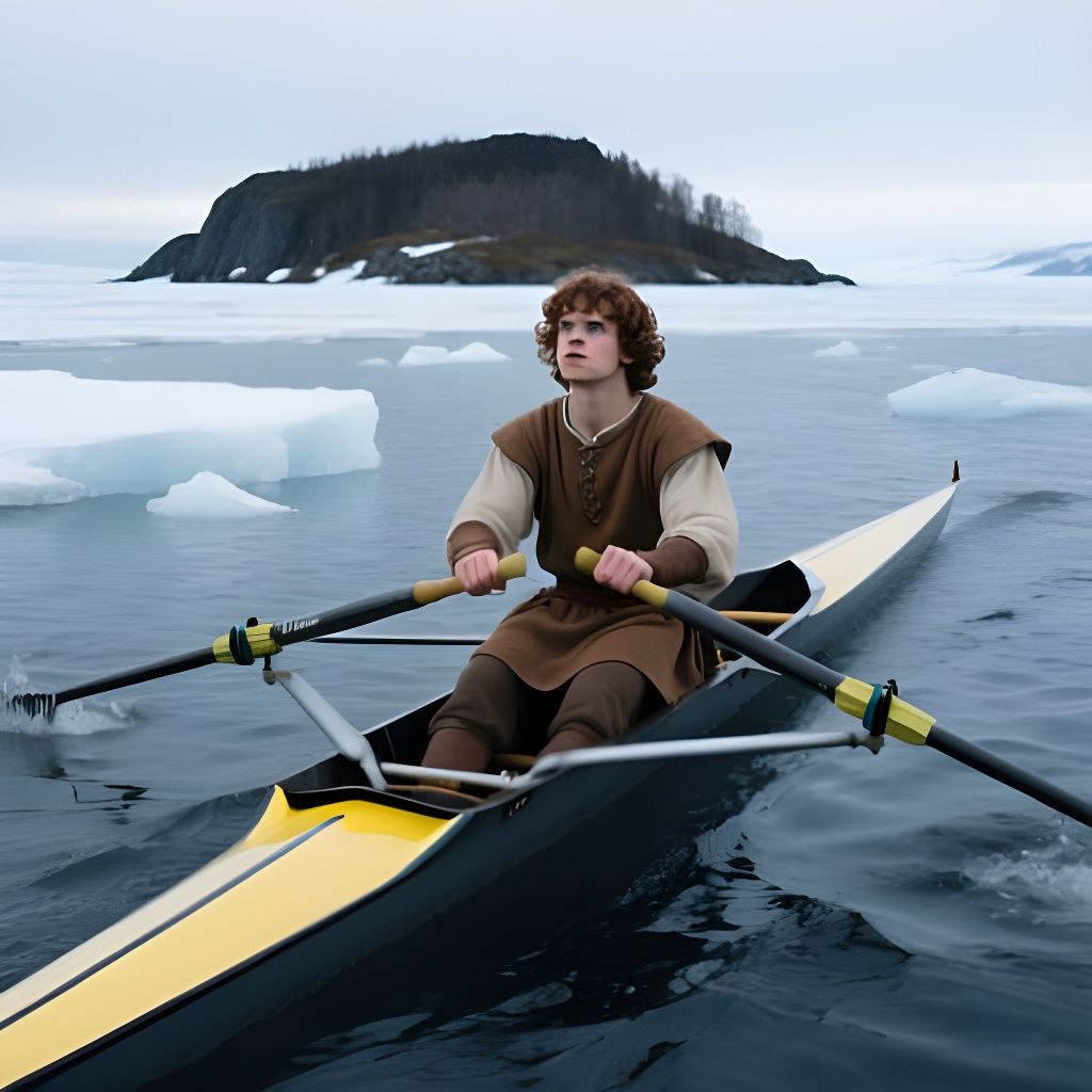 Man in Medieval Tunic Rows Modern Scull on Icy Water