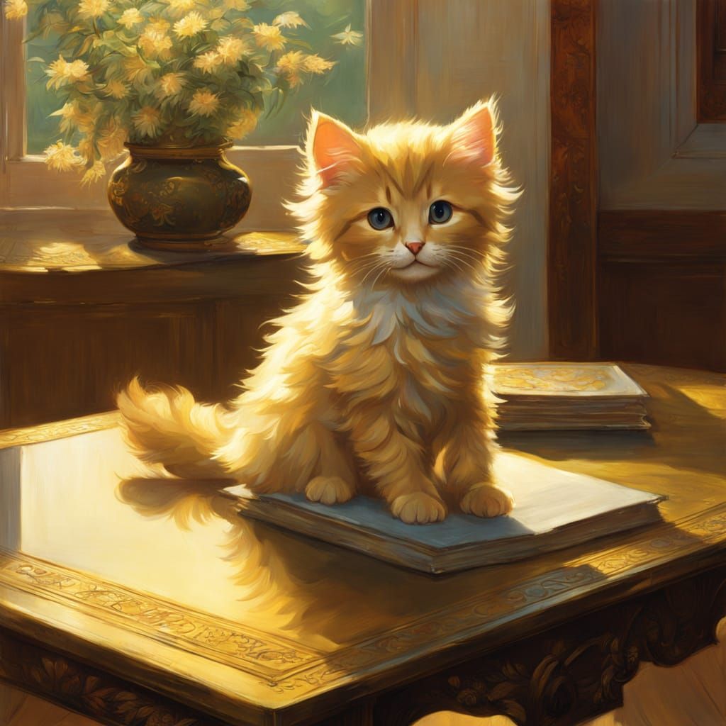 Surreal Sunny Scene with Fluffy Kitten on Golden Table