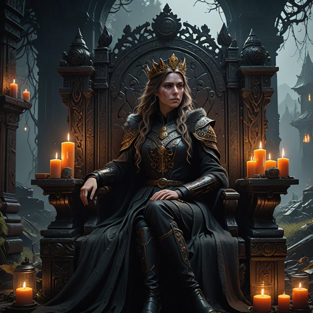 Regal Fantasy Queen in Dark Wood Throne
