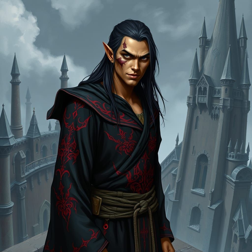 Dark Elf Wizard on Obsidian Tower in Fantasy Art Style