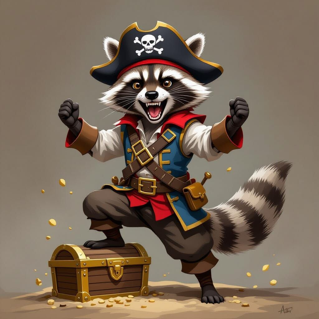 Fierce Raccoon Pirate Standing on Treasure Chest