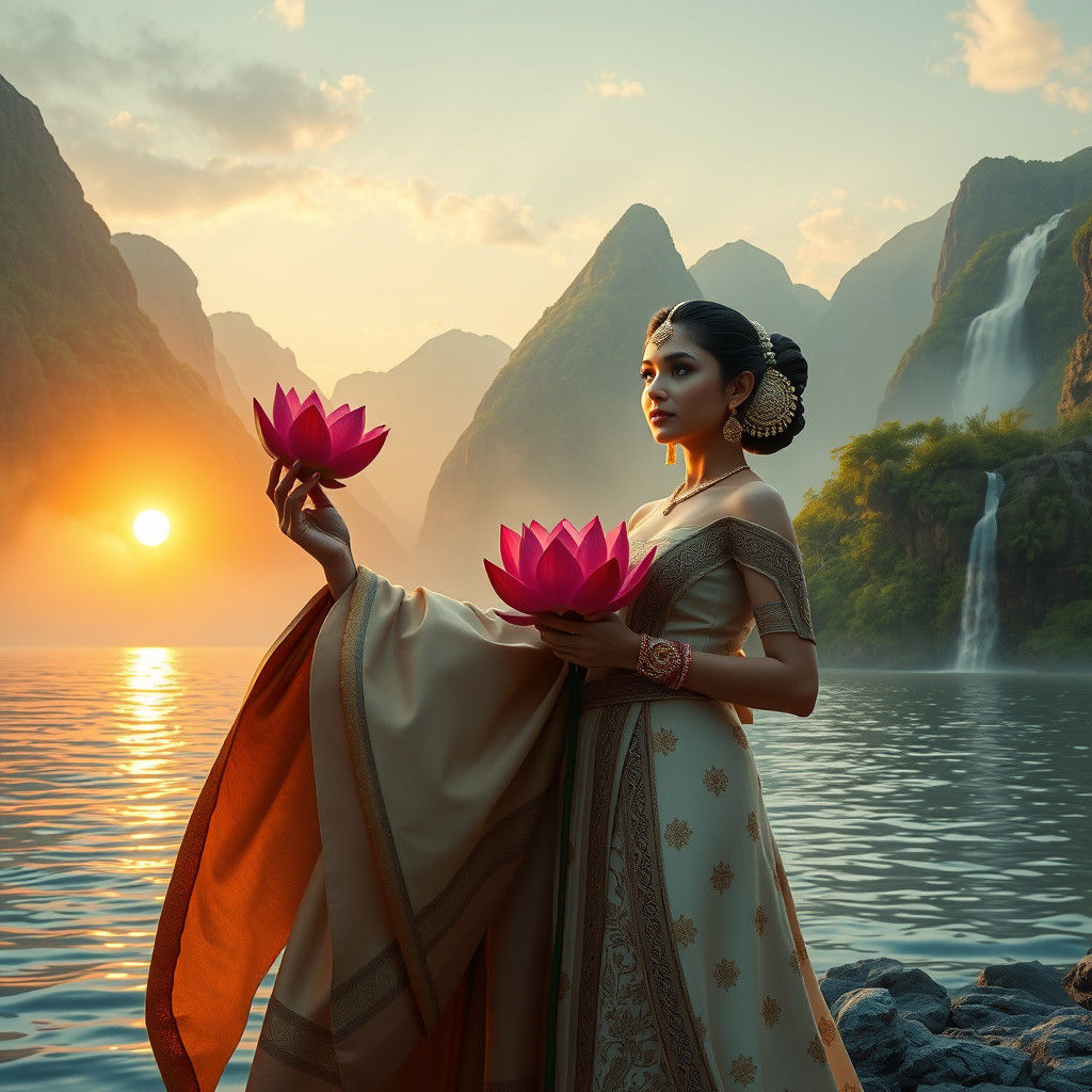 Indian Couple at Sunrise with Lotus, in 3D Rendered Style