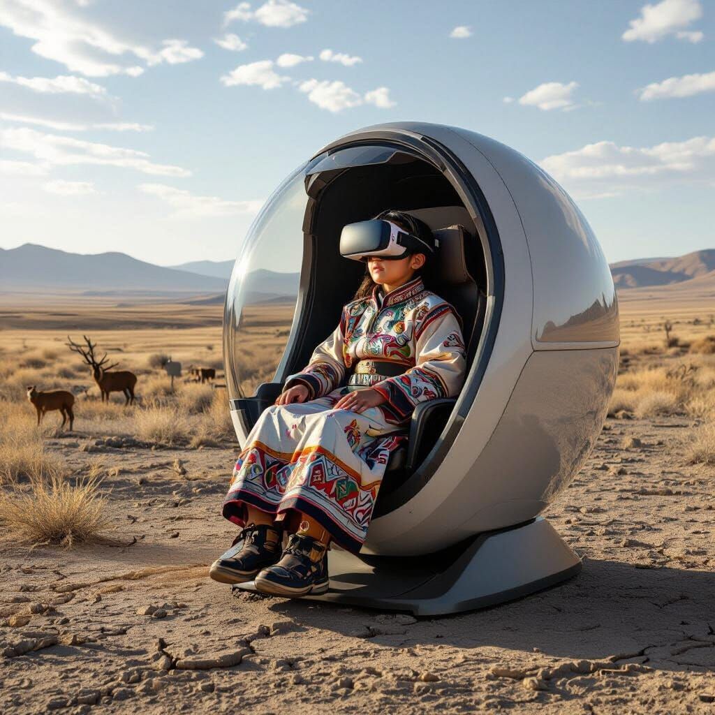 Mongolian Child in High-Tech VR Capsule Simulating Desert