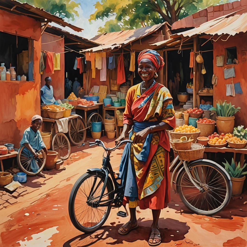 Impressionist Painting of African Market with Woman