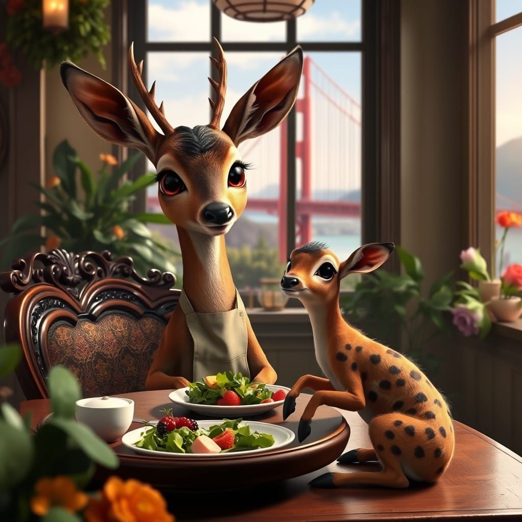 Gentle Doe and Fawn Enjoy Dinner in San Francisco Cafe