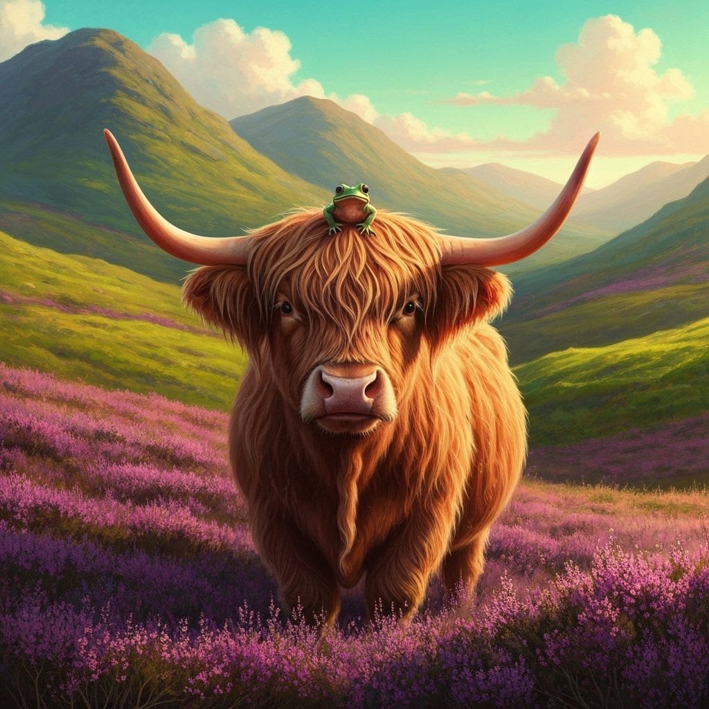 Highland Cow with Frog in Whimsical Landscape Painting