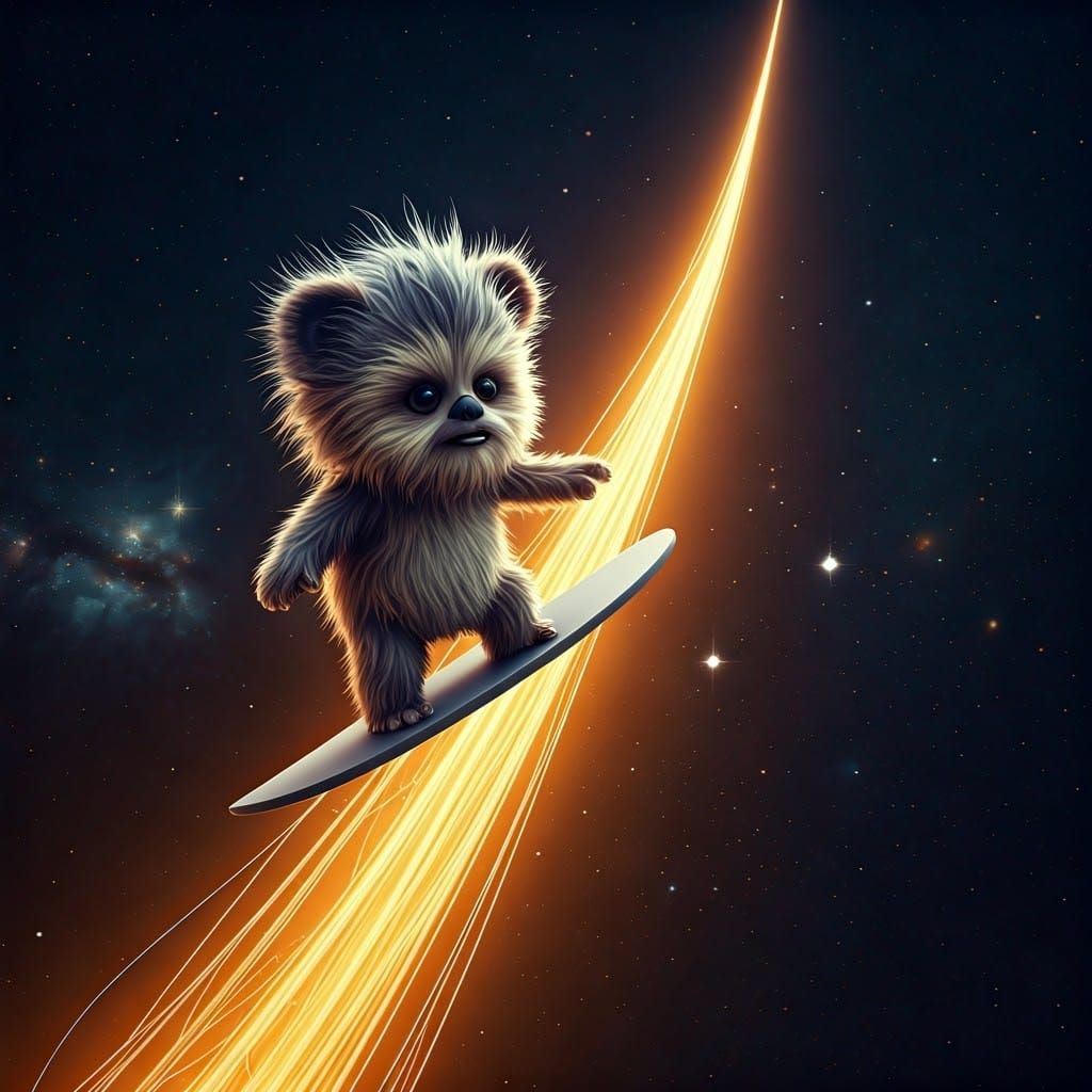 Kawaii Ewok Surfer Rides Golden Comet's Luminous Tail