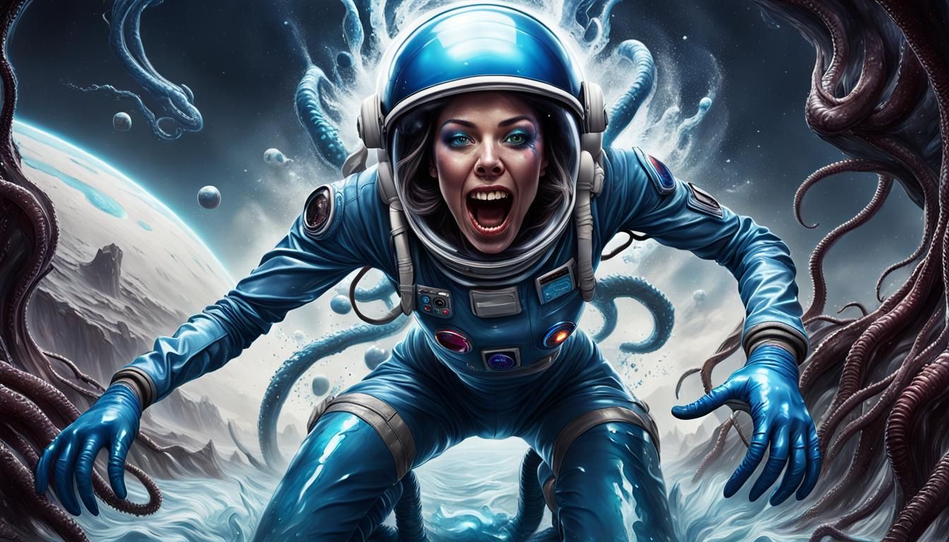 Girl Screaming on Alien Planet in Astronaut Suit