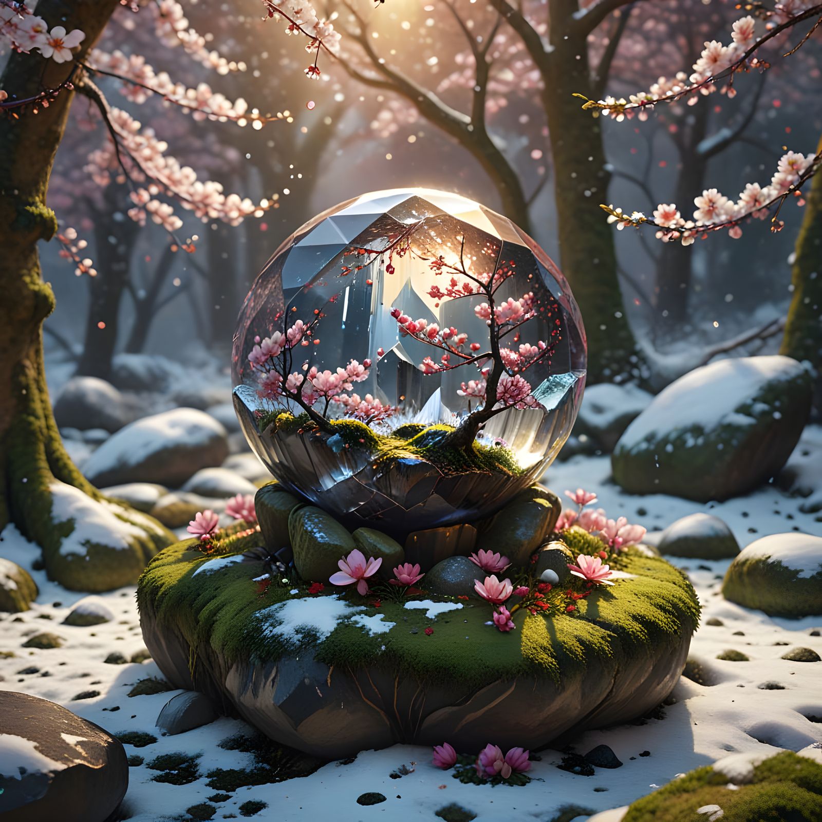 "A faceted orb with gem-like edges sits on a mossy rock, sur...