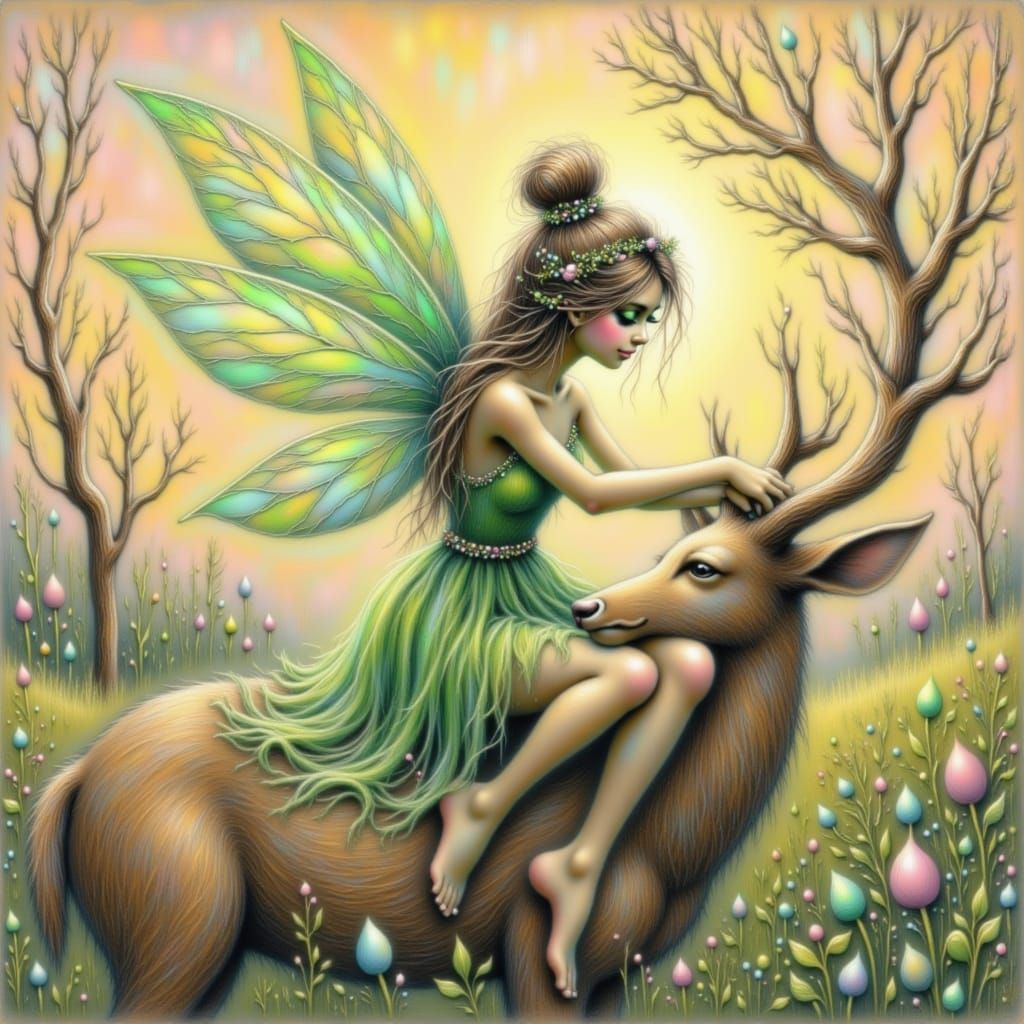 Fairy on Deer Antlers at Dusk