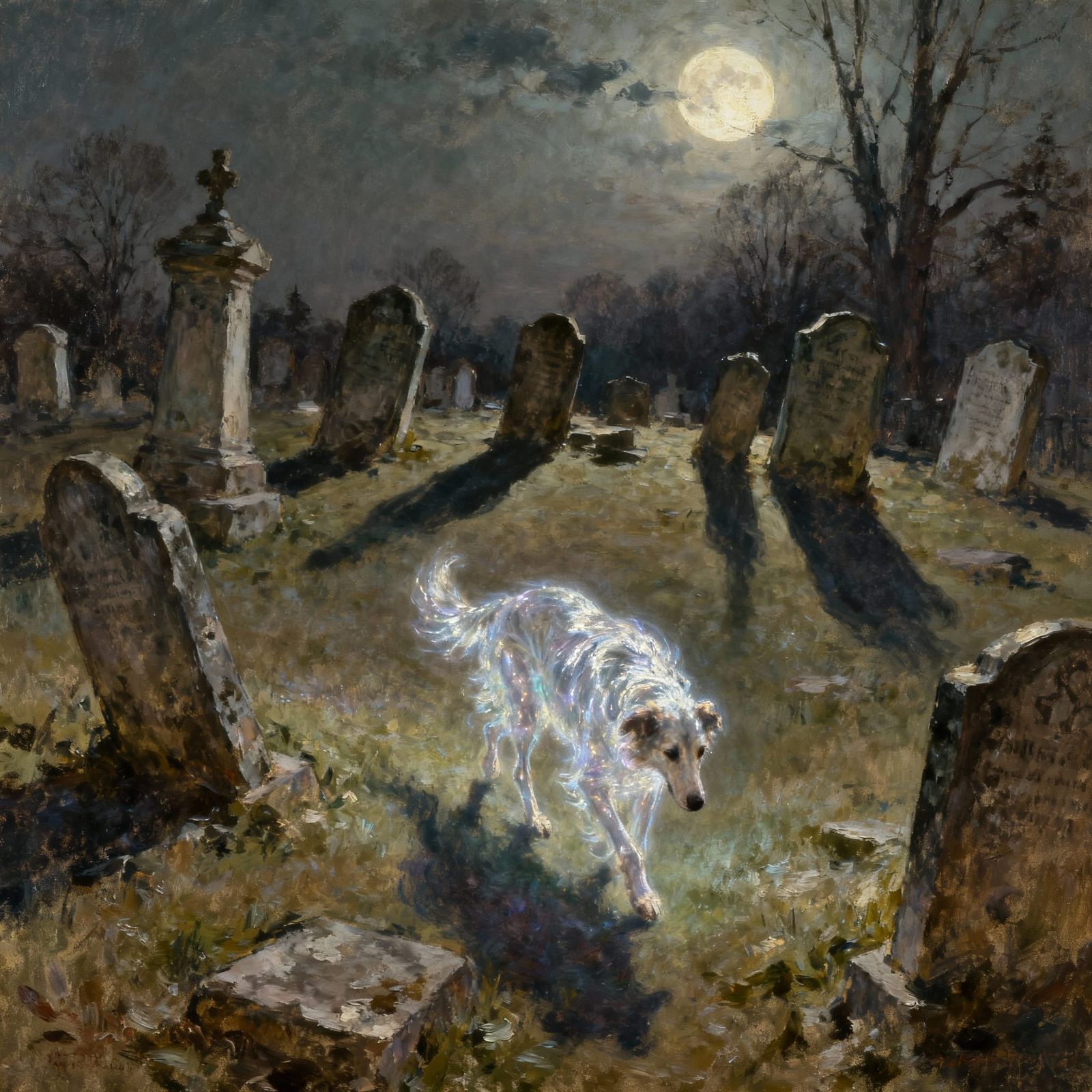 Spectral Victorian Dog in Moonlit Graveyard, Ashcan School S...