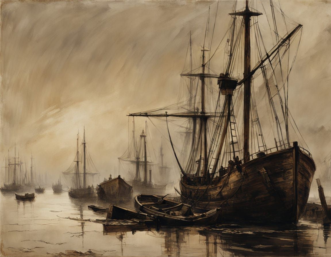 Early 20th-Century Harbor Scene in Sepia-Toned Ink Sketches