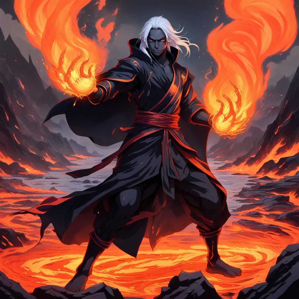 Drow Sorcerer Casting Fire in Anime Style