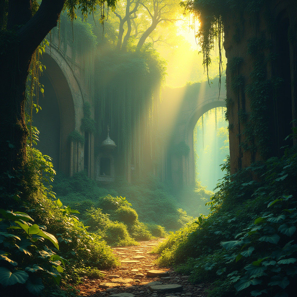 Sunlit Jungle Ruins in Fantasy Art Style
