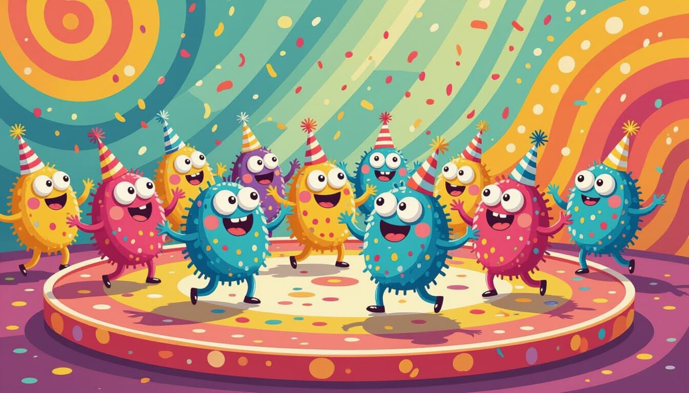 Cheerful Microbes Dancing in a Colorful Petri Dish