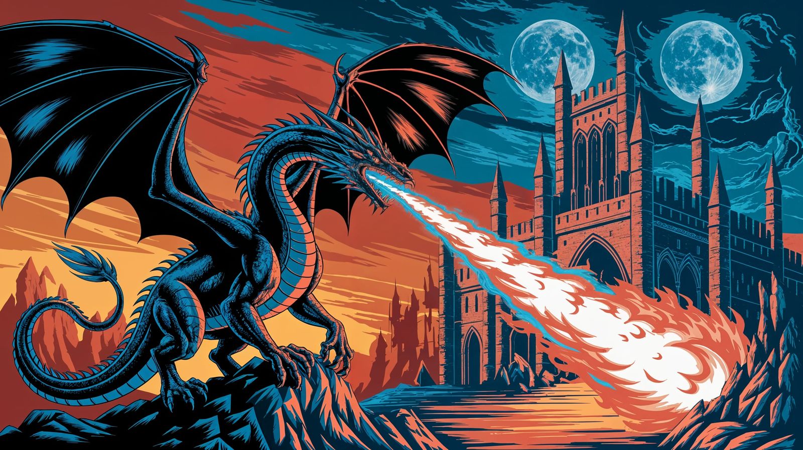 Majestic Dragon Battles Gothic Castle Under Silvery Moons