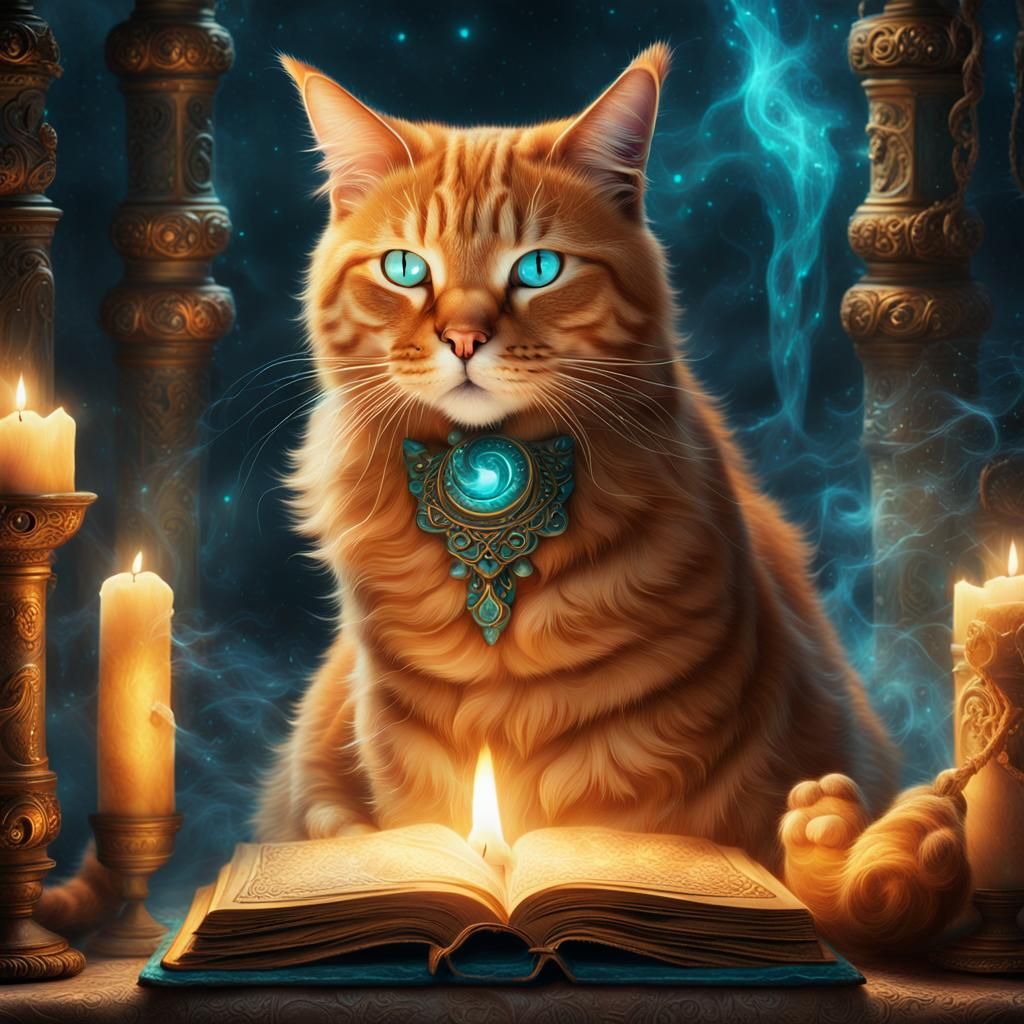 Ginger Cat on Ancient Tome: Fantasy Concept Art