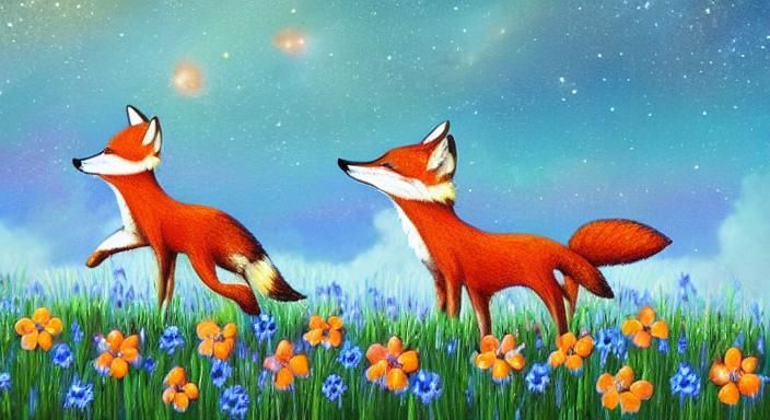 Foxes Play Under Milky Way