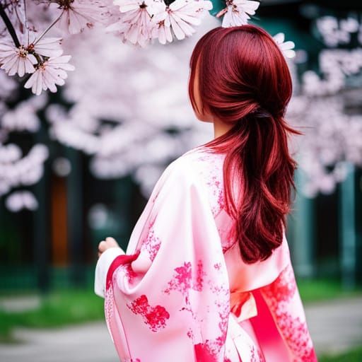 Girl in Kimono Amidst Cherry Blossoms