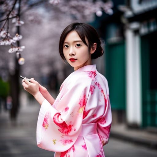 Girl in Kimono Amidst Cherry Blossoms