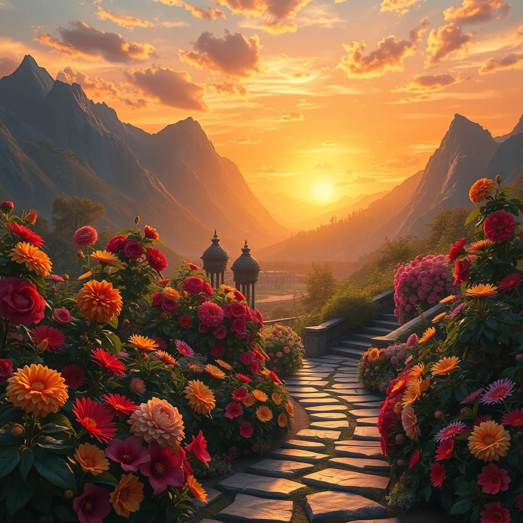 Dreamy Garden Oasis Amid Majestic Mountains