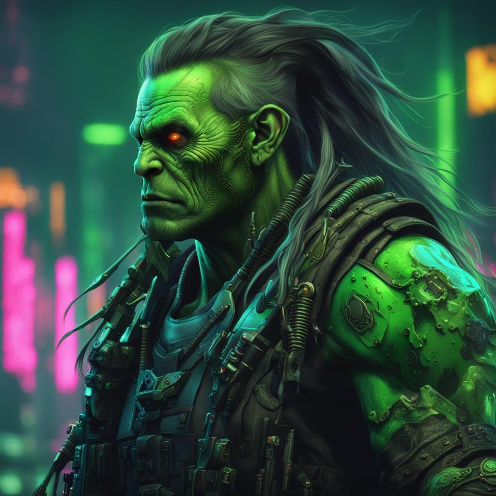 Cyberpunk Orc with Shotgun in Neon Landscape