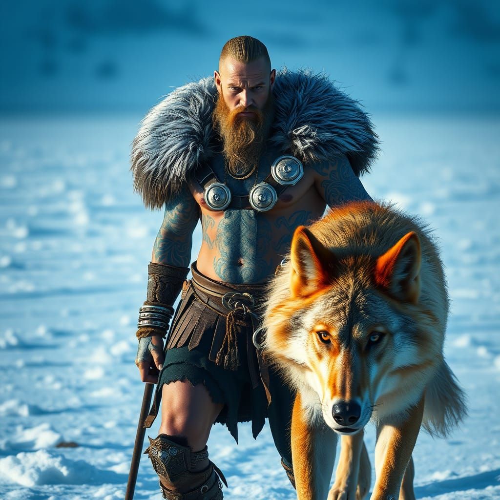 Viking Warrior with Golden Wolf in Frozen Landscape
