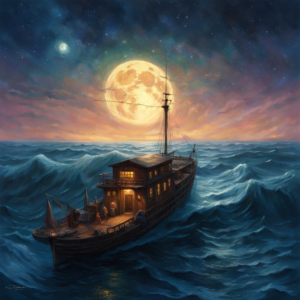 Solitary Houseboat Drifts Under Cosmic Starlight Ocean