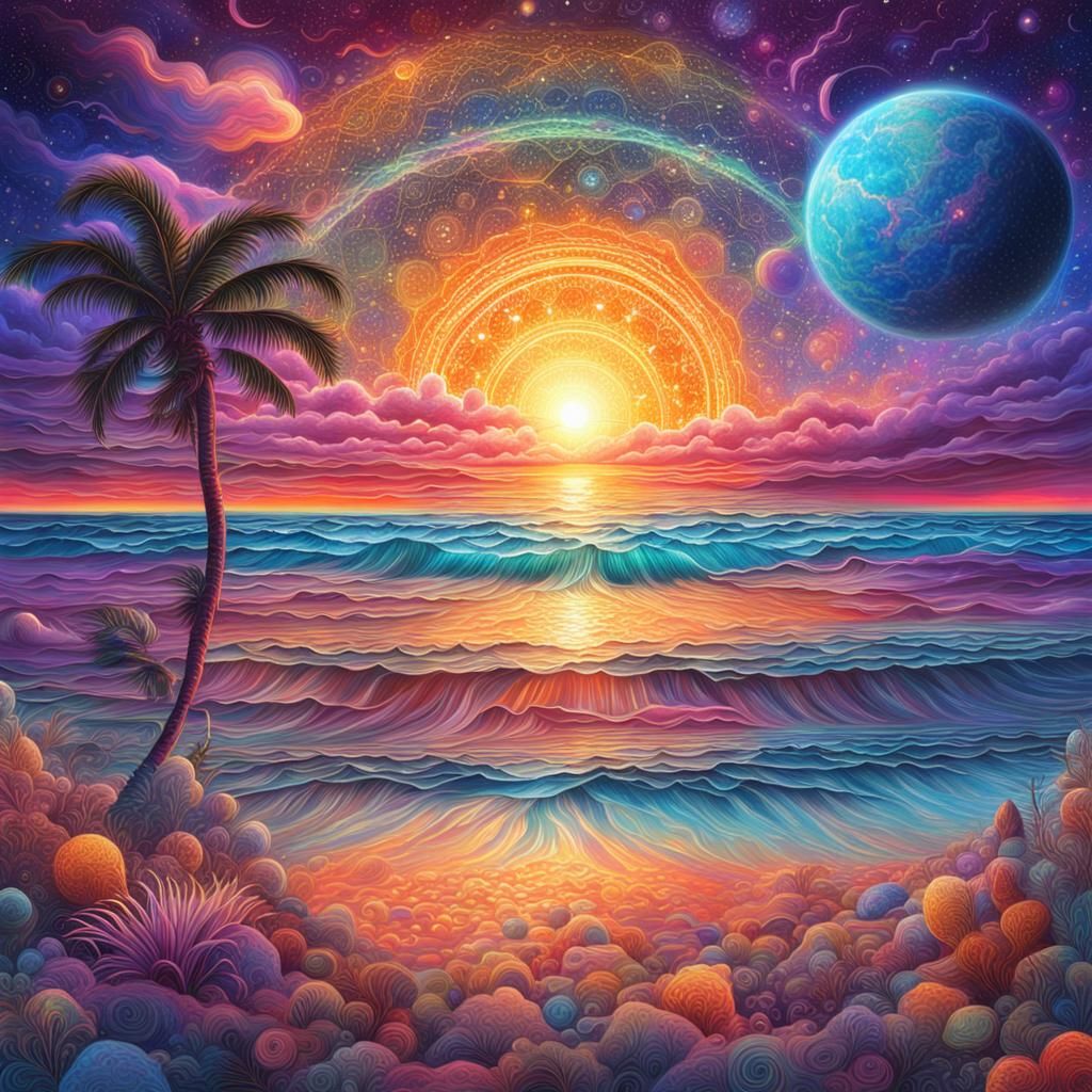 Cosmic Beach Sunset: Holographic Astral Illustration
